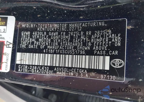 2012 Toyota Camry Xle z USA, uszkodzony, nr VIN 4T1BF1FK5CU551796